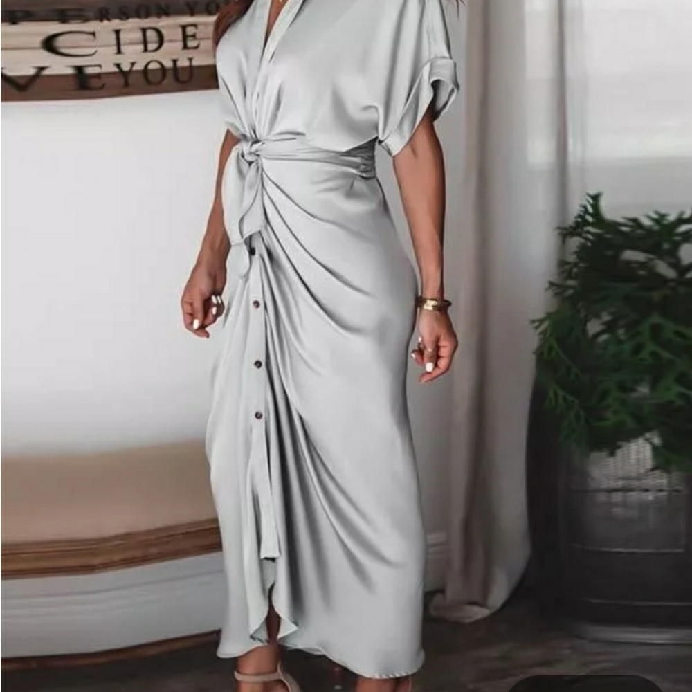 Perfect Christmas Party Satin Pleated Classy Shirt Dress